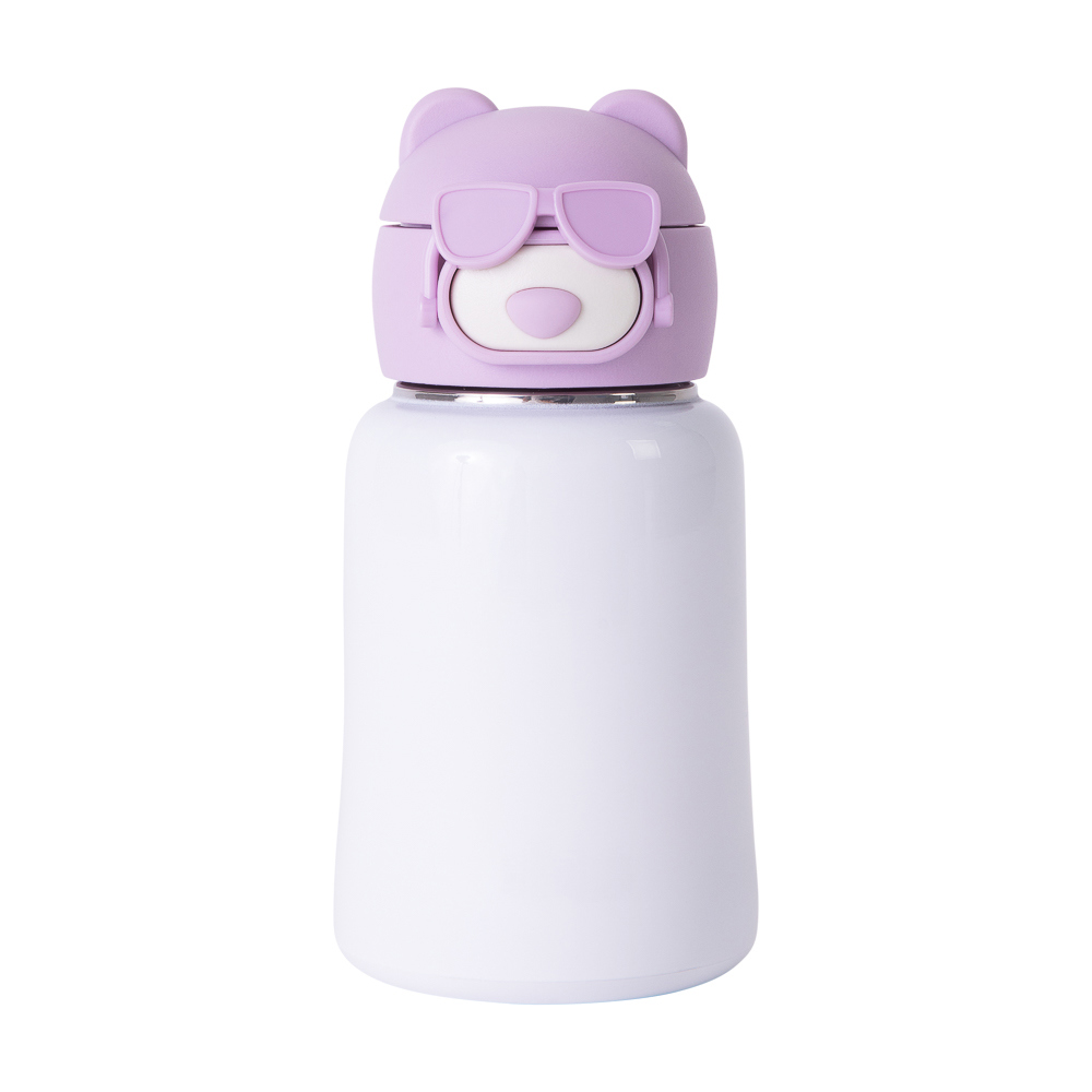Garrafa Térmica Para Sublimação Inox Com Tampa Urso Lilás Com Bico De Silicone E Canudo De 435Ml
